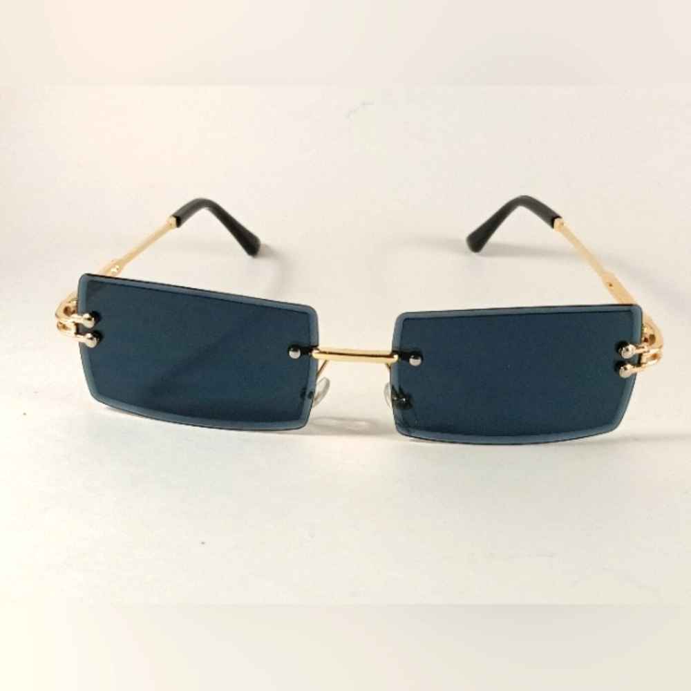 Rimless Rectangular Sunglasses Black Unisex Metal Frame - Picture 5 of 6